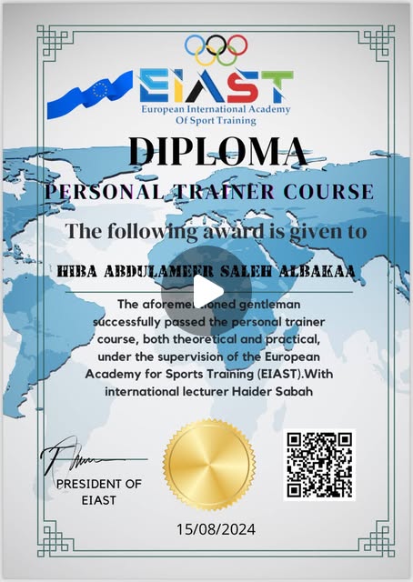 Hiba Abdulameer — EIAST Personal Trainer Diploma certificate