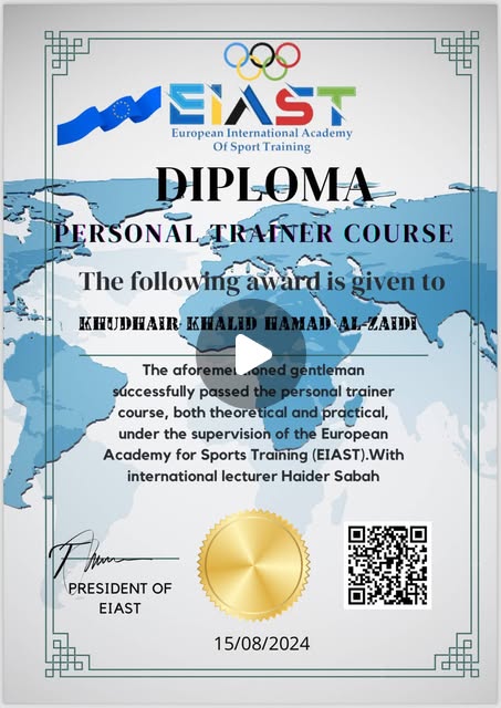 Khudhair Khaled — EIAST Personal Trainer Diploma certificate